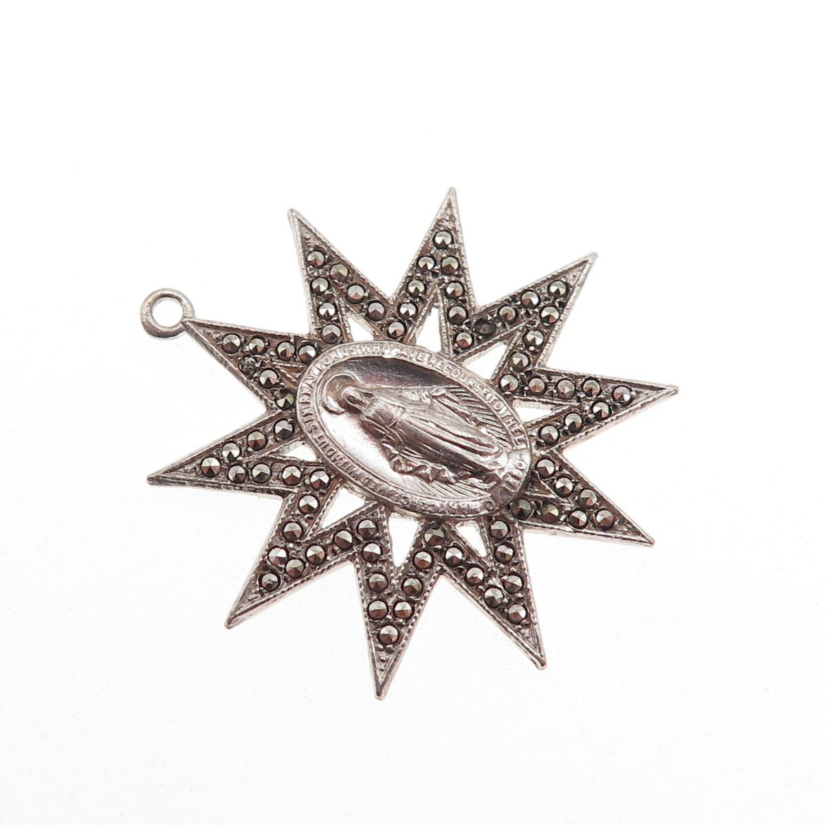 925 Sterling Silver Antique Art Deco Real Marcasite St. Mary Miraculous Pendant