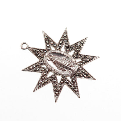 925 Sterling Silver Antique Art Deco Real Marcasite St. Mary Miraculous Pendant