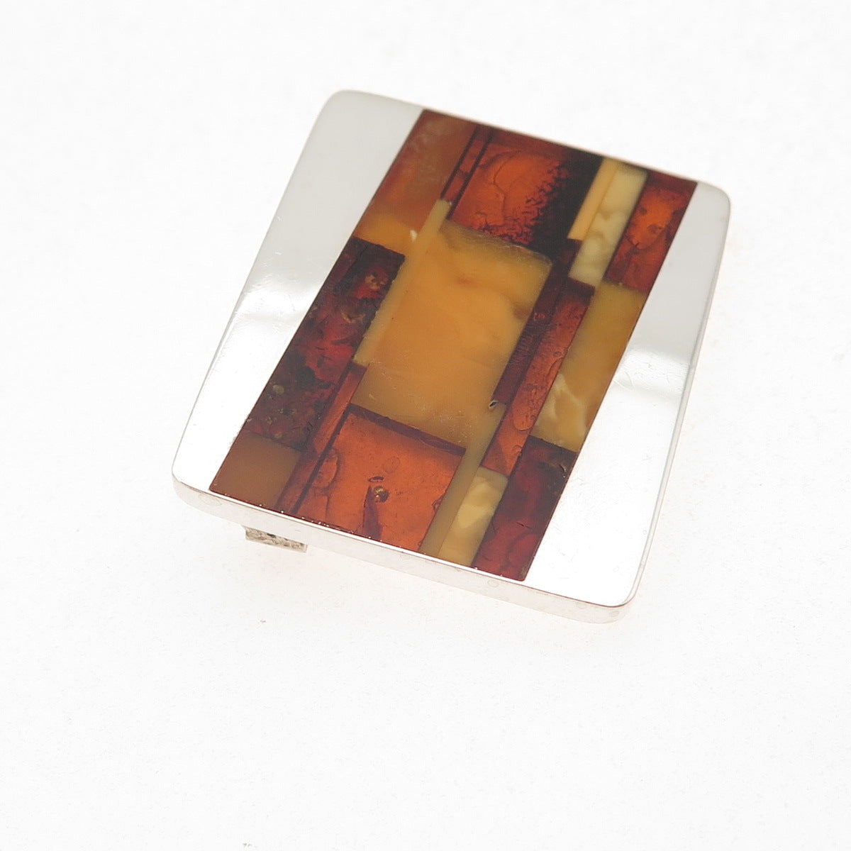 925 Sterling Silver Vintage Real Amber Modernist Pin Brooch