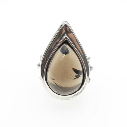 925 Sterling Silver Vintage Real Smoky Quartz Modernist Oxidized Ring Size 7.25