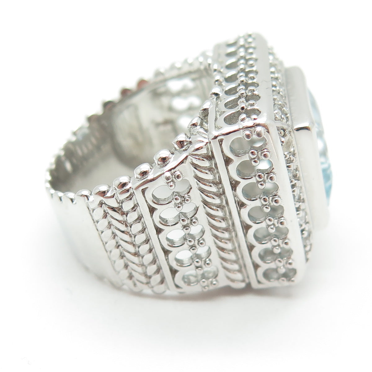 925 Sterling Silver Real Princess-Cut Blue & Round-Cut White Topaz Ring Size 7