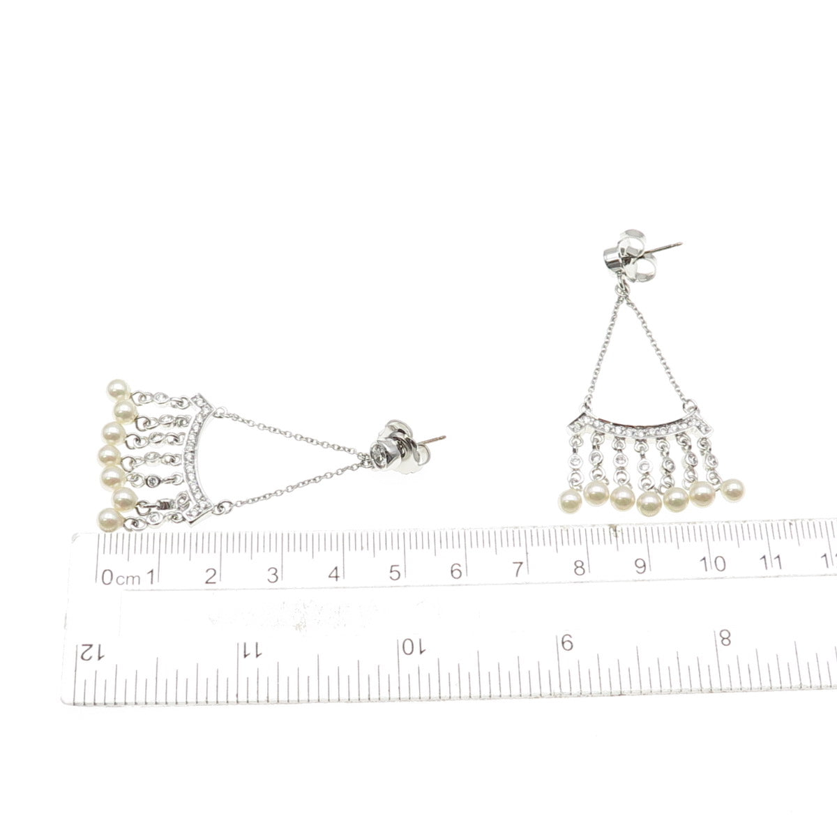 925 Sterling Silver Faux Pearl & C Z Chatelaine Dangle Earrings