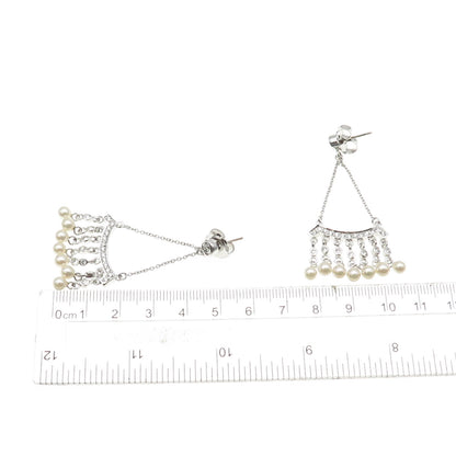 925 Sterling Silver Faux Pearl & C Z Chatelaine Dangle Earrings