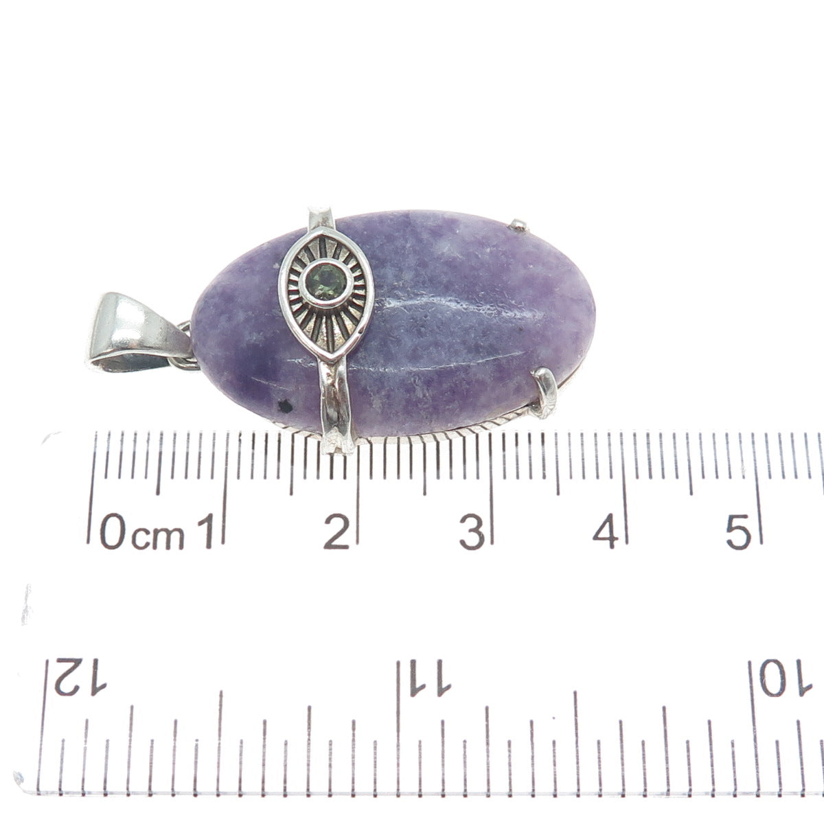 925 Sterling Silver Vintage Real Lepidolite & Peridot Evil's Eye Charm Pendant