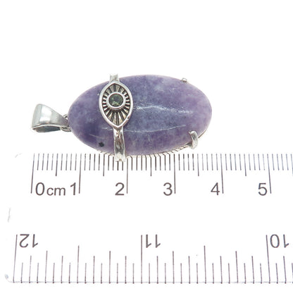 925 Sterling Silver Vintage Real Lepidolite & Peridot Evil's Eye Charm Pendant