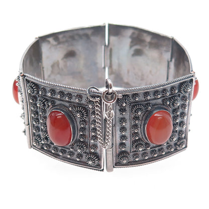 925 Sterling Silver Vintage Real Carnelian Cannetille Panel Link Bracelet 7.5"