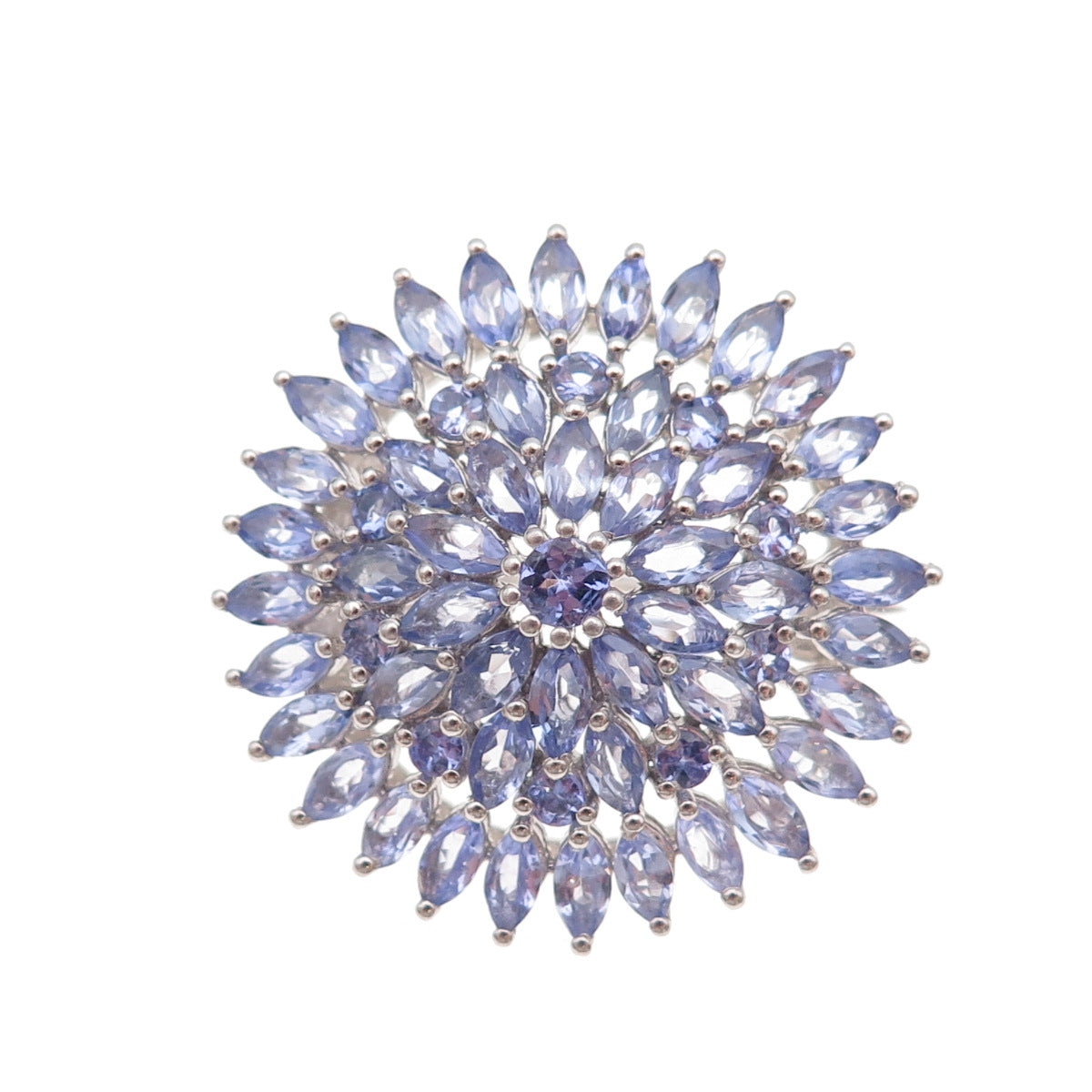 925 Sterling Silver Real Marquise & Round-Cut Tanzanite Floral Pin Brooch