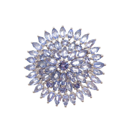 925 Sterling Silver Real Marquise & Round-Cut Tanzanite Floral Pin Brooch