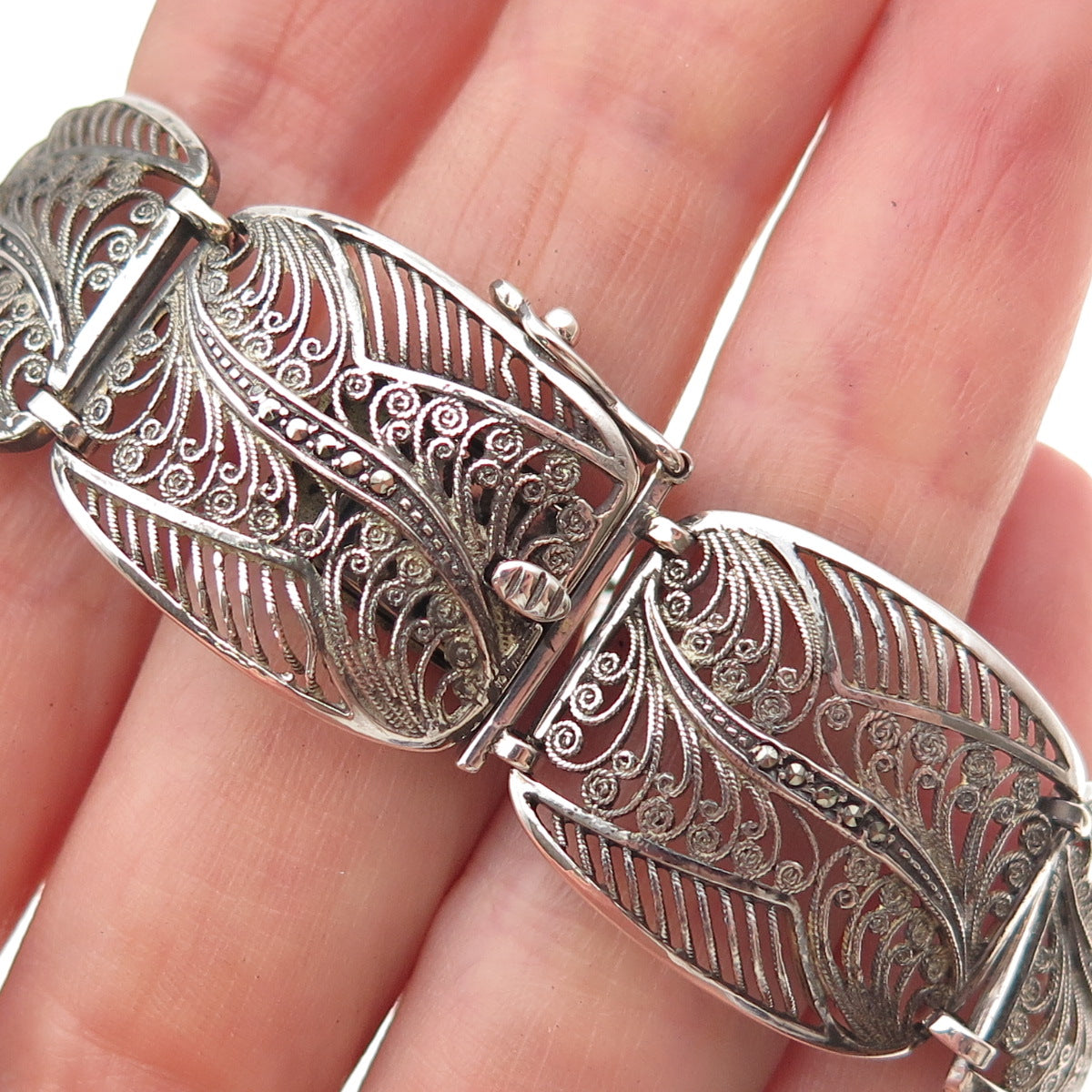835 Silver Antique Art Deco Real Marcasite Filigree Panel Link Bracelet 6.5"