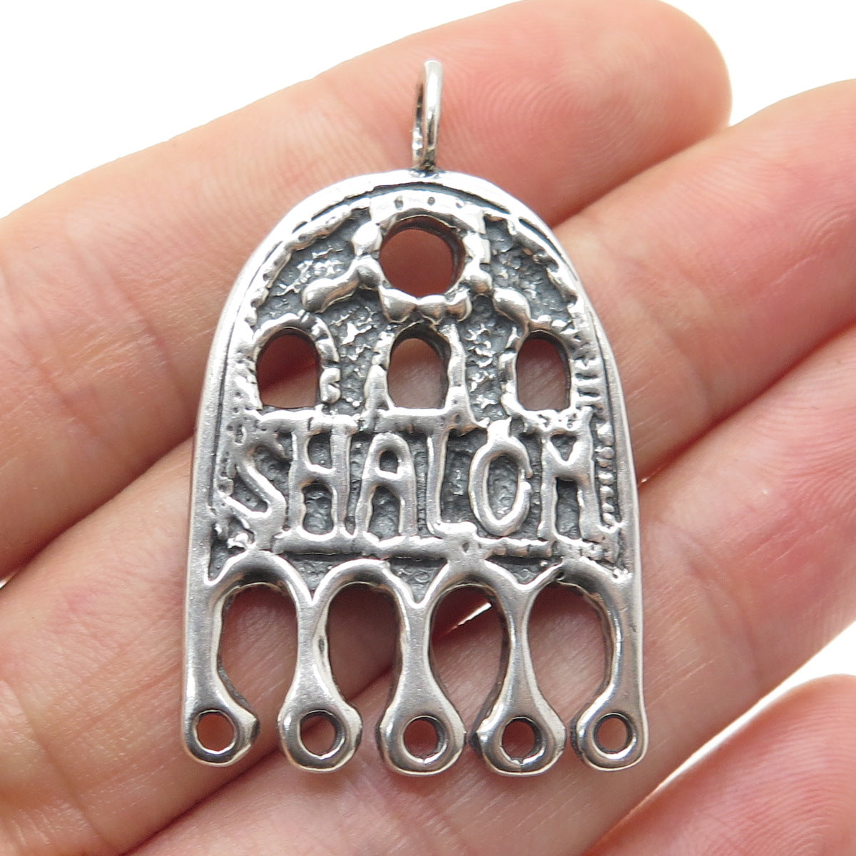 925 Sterling Silver Vintage Shalom Hamsa Hand of Fatima Judaica Pendant