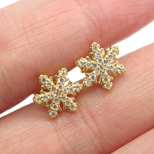 925 Sterling Silver Gold Plated Pave C Z Snowflake Stud Earrings