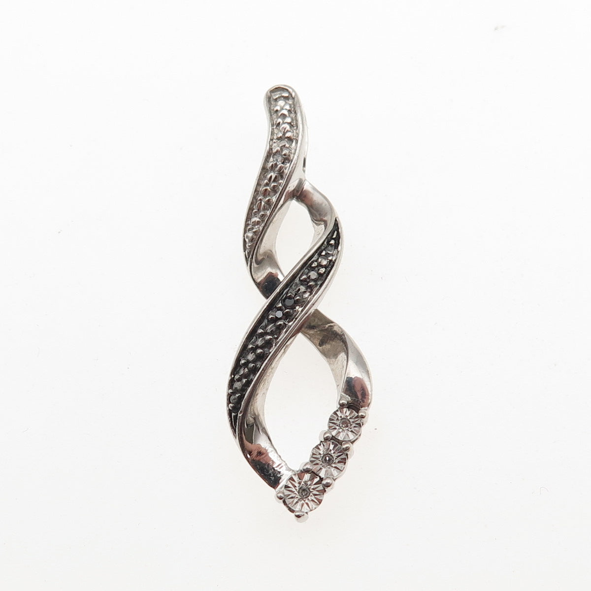 925 Sterling Silver Real Black & White Diamond Twisted Slide Charm Pendant