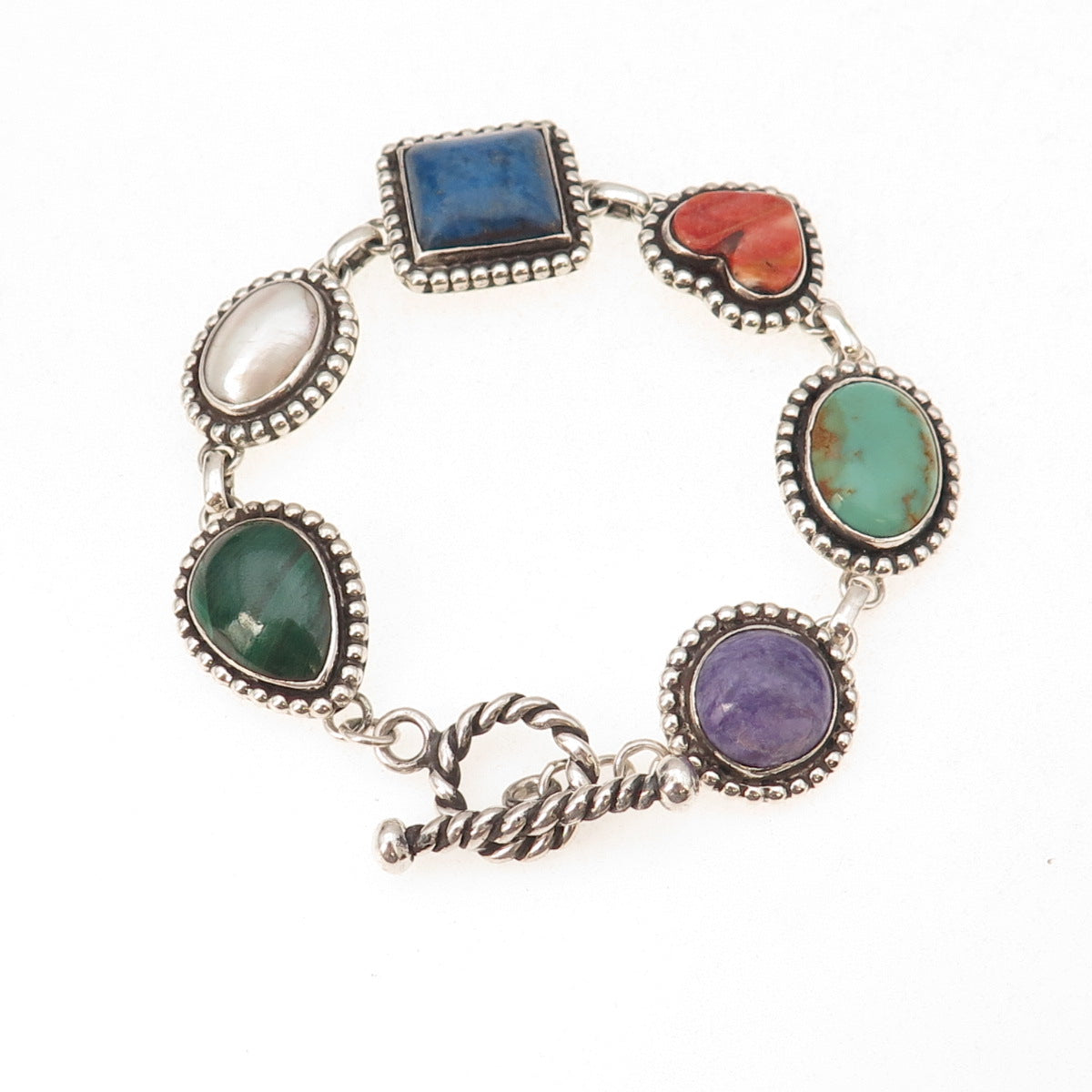 Carol Felley 925 Sterling Silver Vintage 1996 Real Multi-Gem & Pearl Bracelet 7"