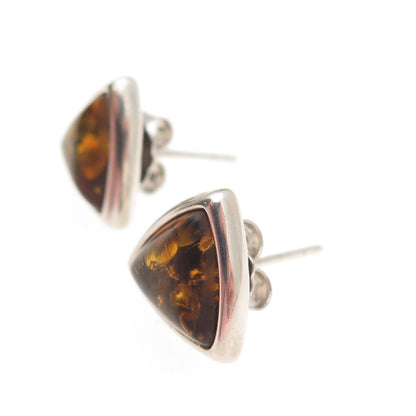 925 Sterling Silver Vintage Real Amber Triangle Stud Earrings