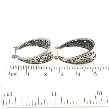 925 Sterling Silver Vintage Ornate Oval Hoop Modernist Earrings