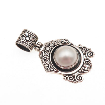 925 Sterling Silver Vintage Real Pearl Modernist Ornate Oxidized Pendant