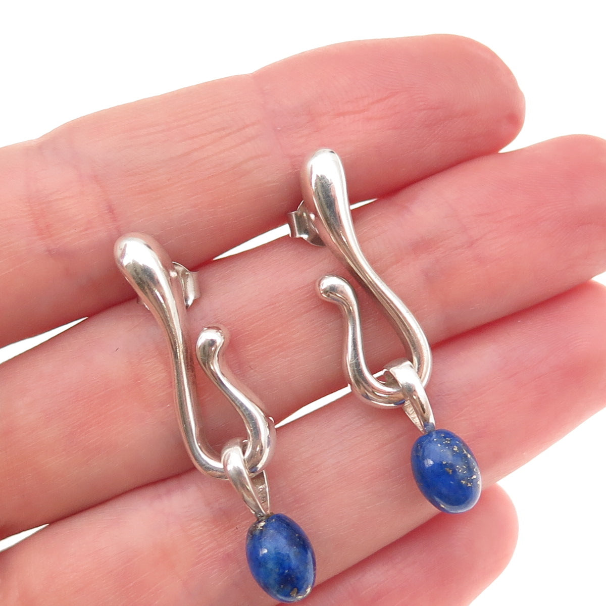 Angela Cummings 925 Sterling Silver Vintage Real Lapis Modernist Dangle Earrings