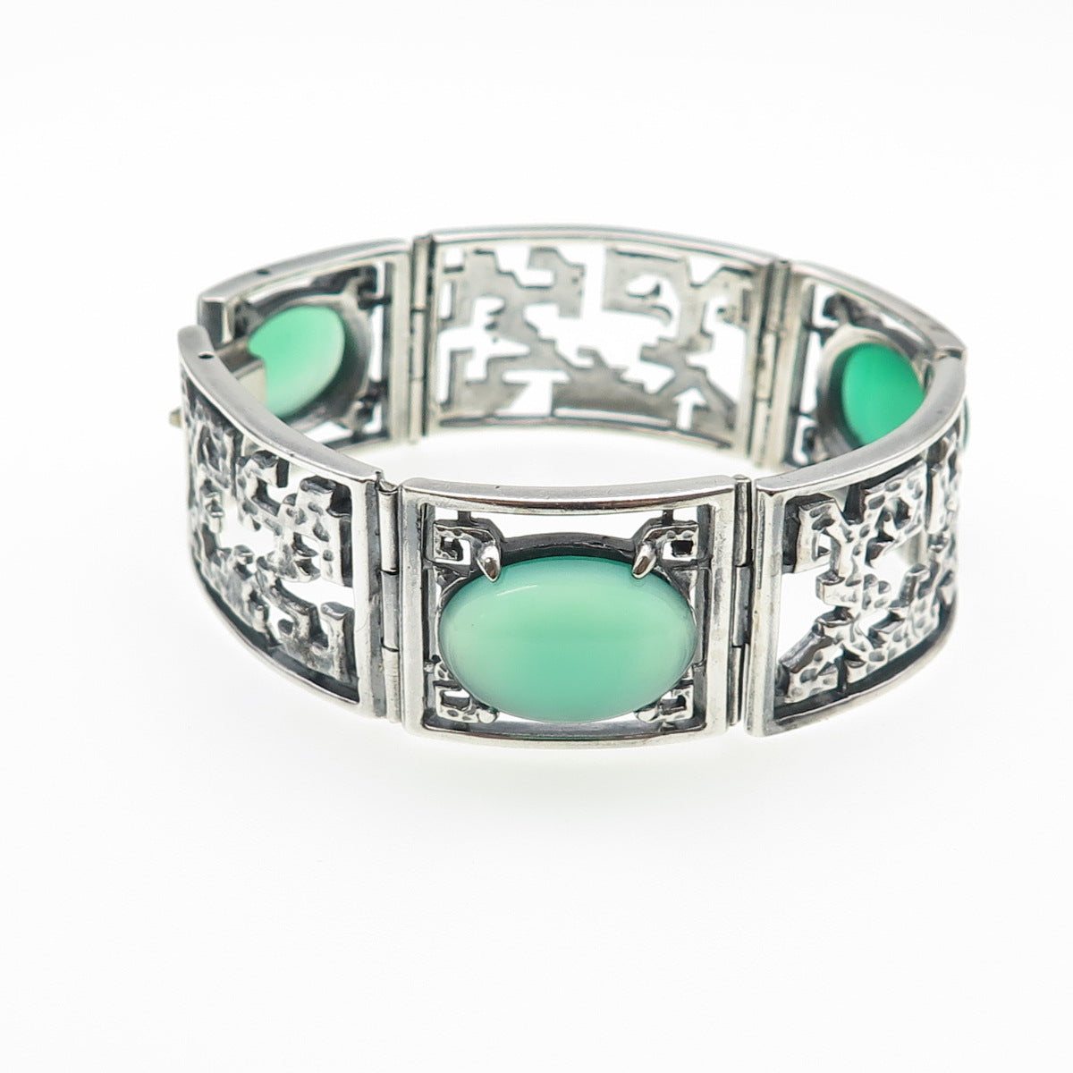 925 Sterling Silver Vintage Real Green Onyx Oxidized Panel Link Bracelet 7.25"