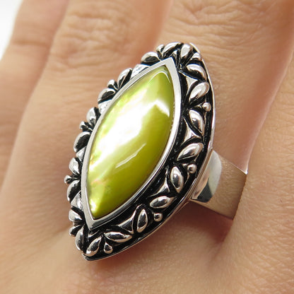 925 Sterling Silver Real Yellow Mother-of-Pearl Statement Ring Size 10.25