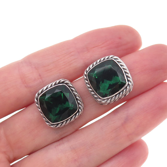 925 Sterling Silver Vintage Real Cushion-Cut Chrome Diopside Stud Earrings