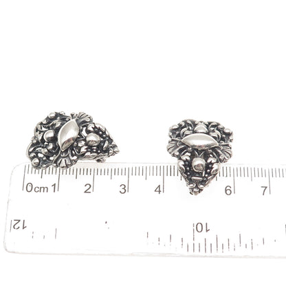 925 Sterling Silver Antique Art Deco Floral Oxidized Clip On Earrings
