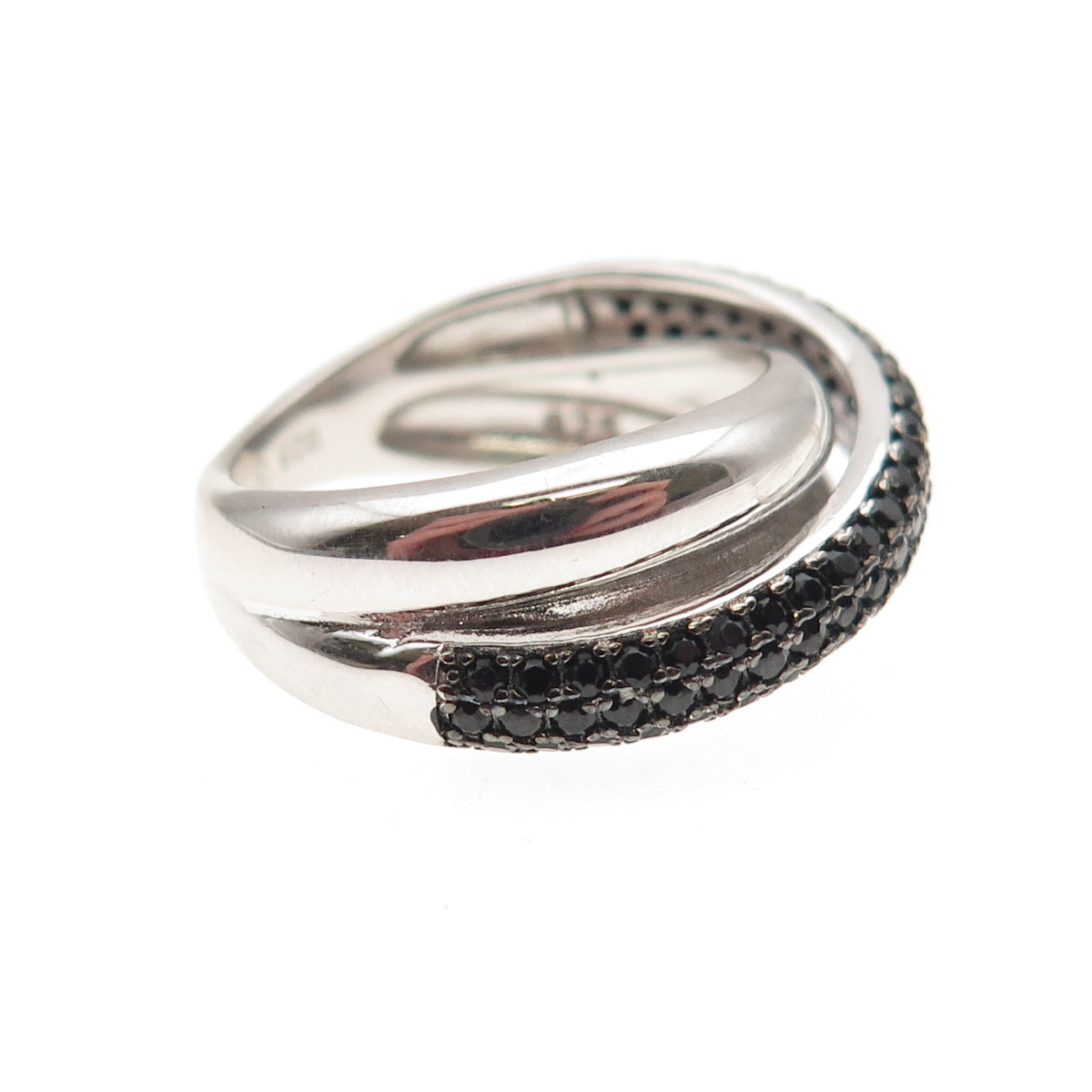 925 Sterling Silver Real Round-Cut Black Spinel Crisscross Ring Size 6.25