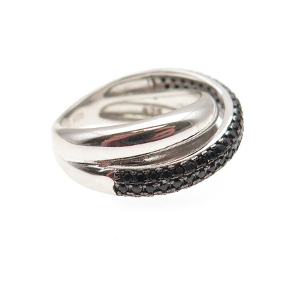 925 Sterling Silver Real Round-Cut Black Spinel Crisscross Ring Size 6.25