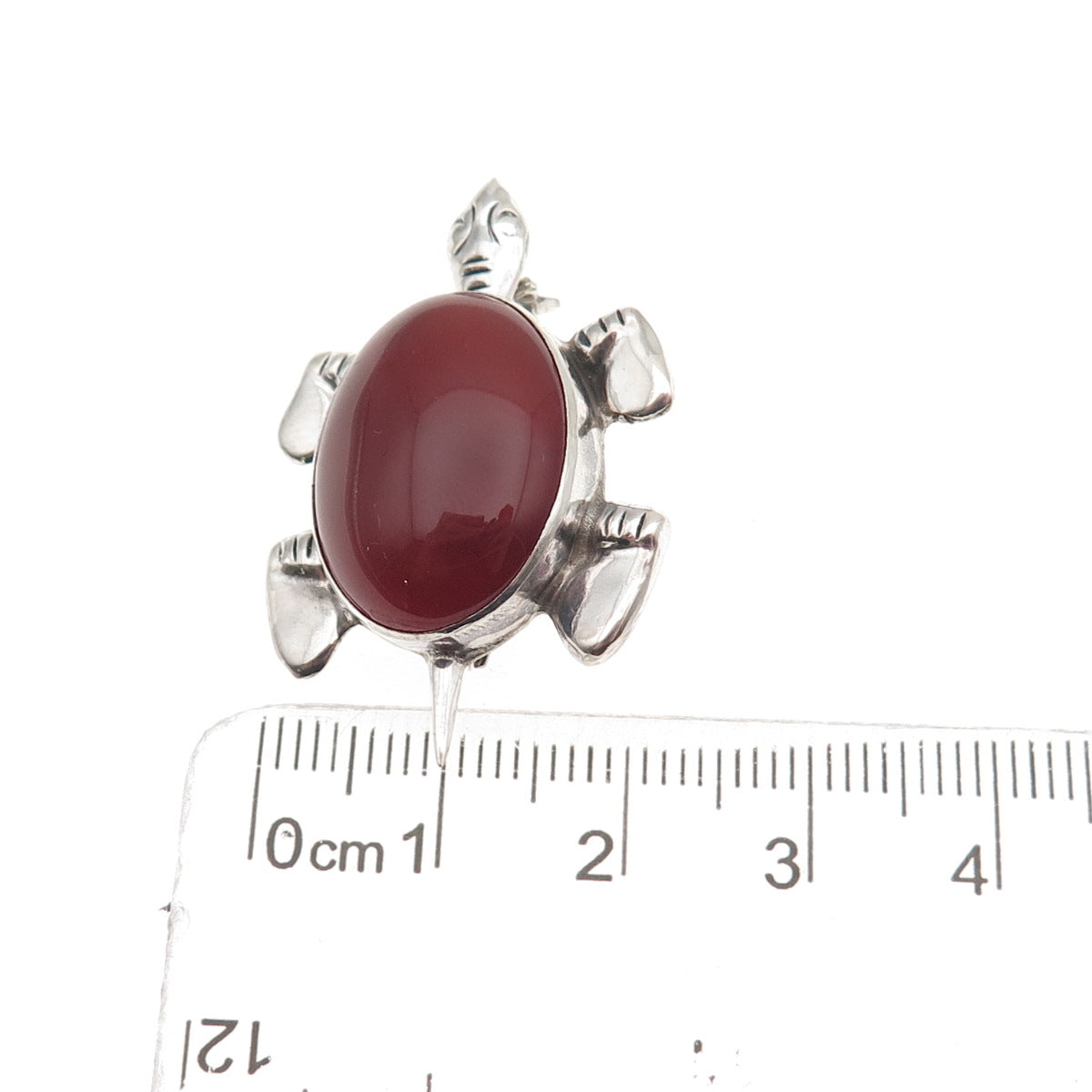 925 Sterling Silver Vintage Real Carnelian Turtle Oxidized Pin Brooch