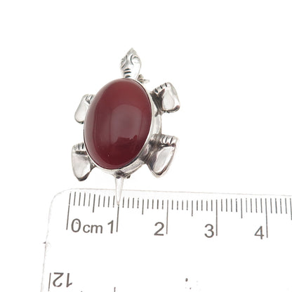 925 Sterling Silver Vintage Real Carnelian Turtle Oxidized Pin Brooch