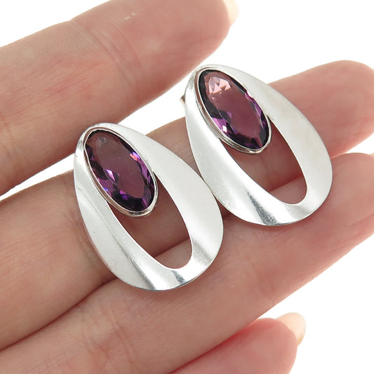 925 Sterling Silver Antique Art Deco Real Oval-Cut Amethyst Modernist Earrings