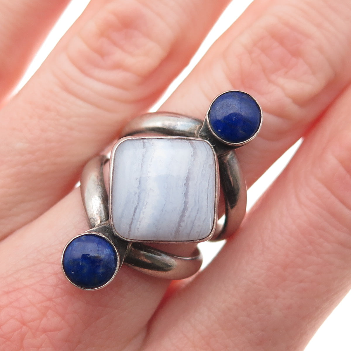Jay King Desert Rose 925 Sterling Silver Vintage Real Agate & Lapis Ring Size 7