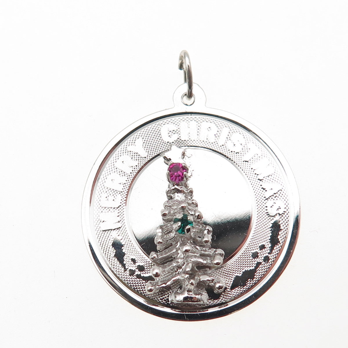 925 Sterling Silver Vintage Rhinestone Merry Christmas Tree Charm Pendant