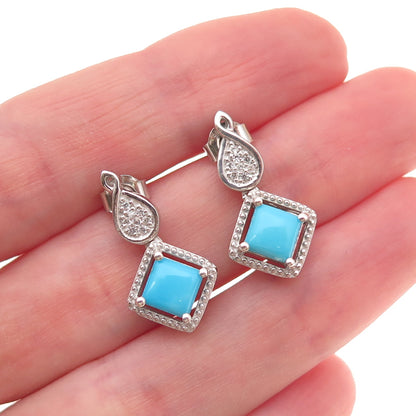 Chuck Clemency 925 Sterling Silver Real Turquoise & White Topaz Dangle Earrings