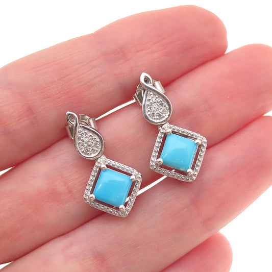 Chuck Clemency 925 Sterling Silver Real Turquoise & White Topaz Dangle Earrings