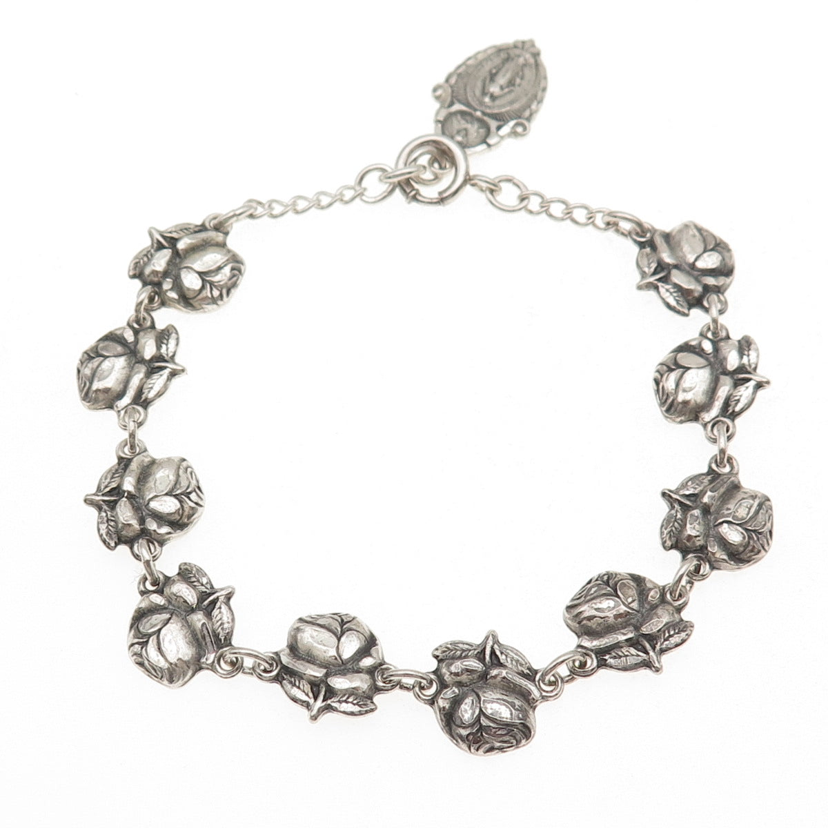 925 Sterling Silver Antique Art Deco Rose Catholic Saints Bracelet 7.5"