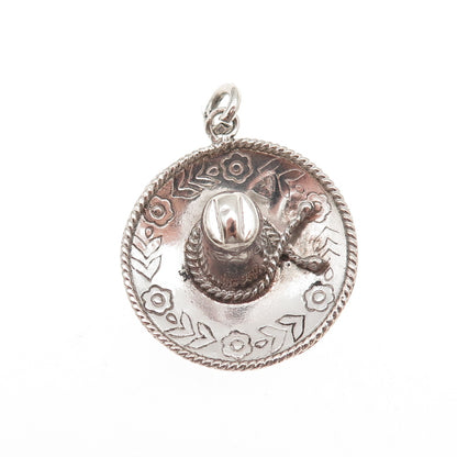 925 Sterling Silver Vintage Mexico Sombrero Hat Oxidized 3D Charm Pendant