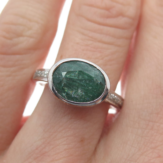 925 Sterling Silver Real Round-Cut Diamond & Oval-Cut Emerald Ring Size 7.75