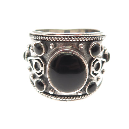 925 Sterling Silver Vintage Real Black Onyx Modernist Oxidized Ring Size 8.25