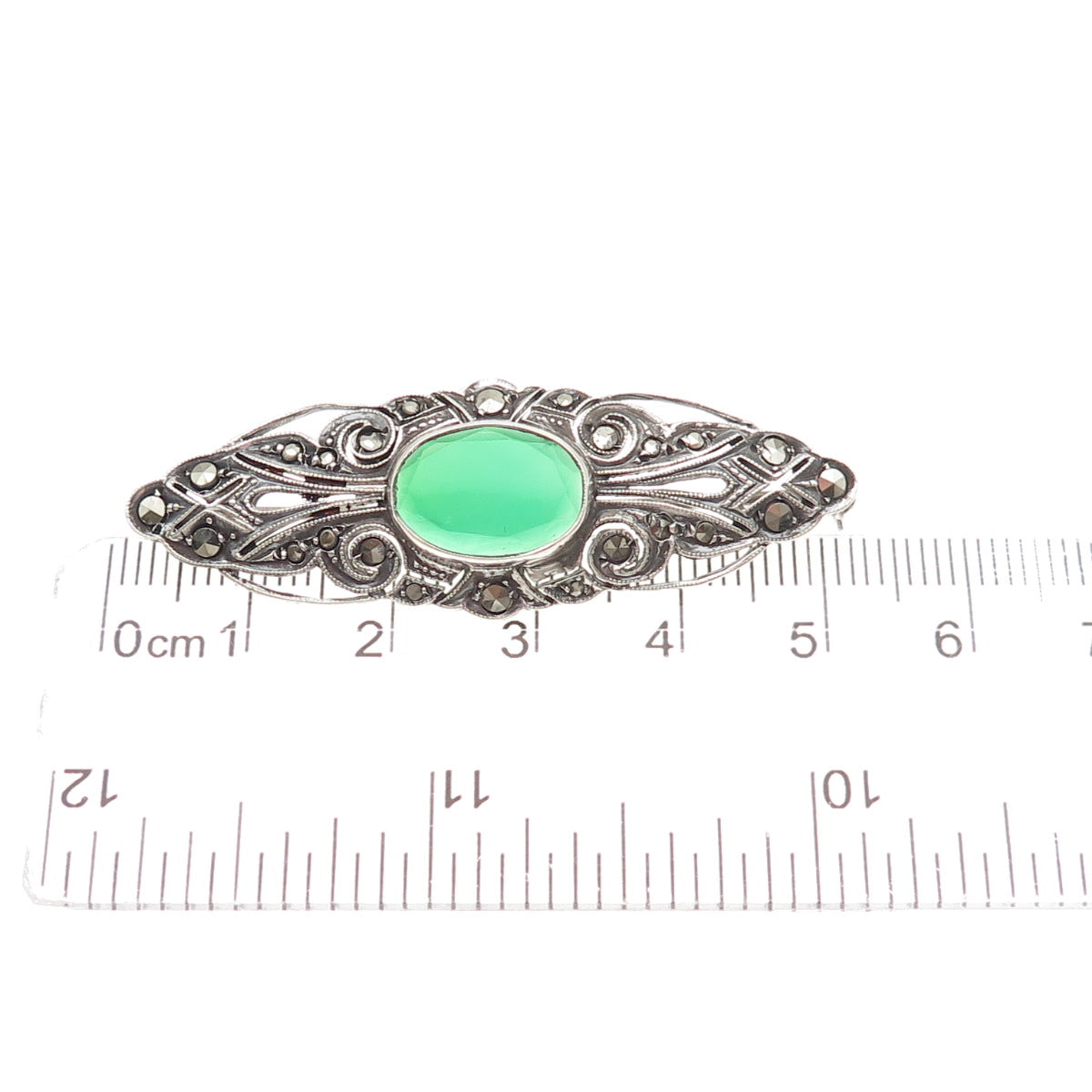 925 Sterling Silver Antique Art Deco Germany Green Onyx & Marcasite Pin Brooch