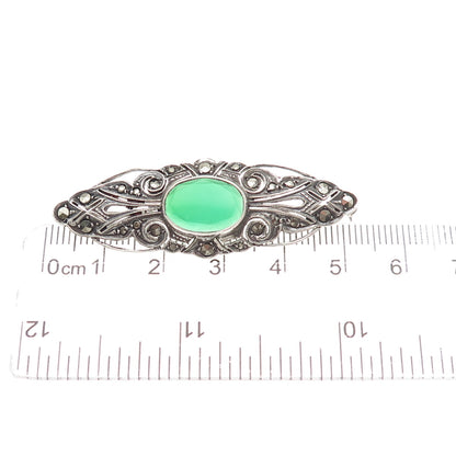 925 Sterling Silver Antique Art Deco Germany Green Onyx & Marcasite Pin Brooch