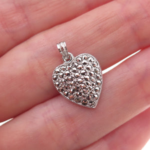 925 Sterling Silver Antique Art Deco Real Marcasite Heart Charm Pendant