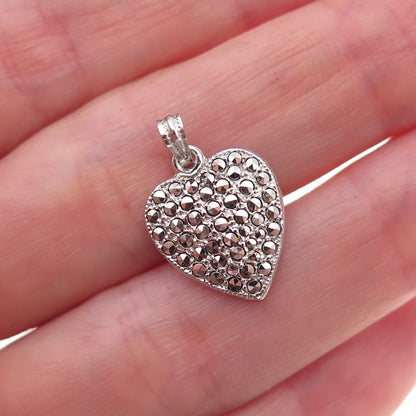 925 Sterling Silver Antique Art Deco Real Marcasite Heart Charm Pendant