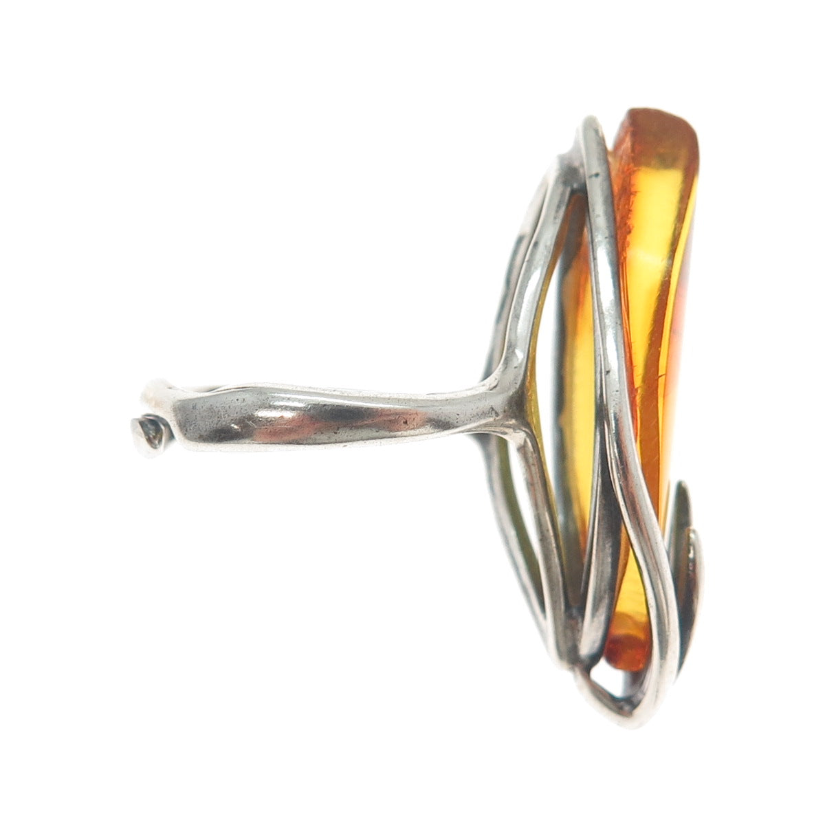 925 Sterling Silver Vintage Real Amber Modernist Adjustable Ring Size 9.75