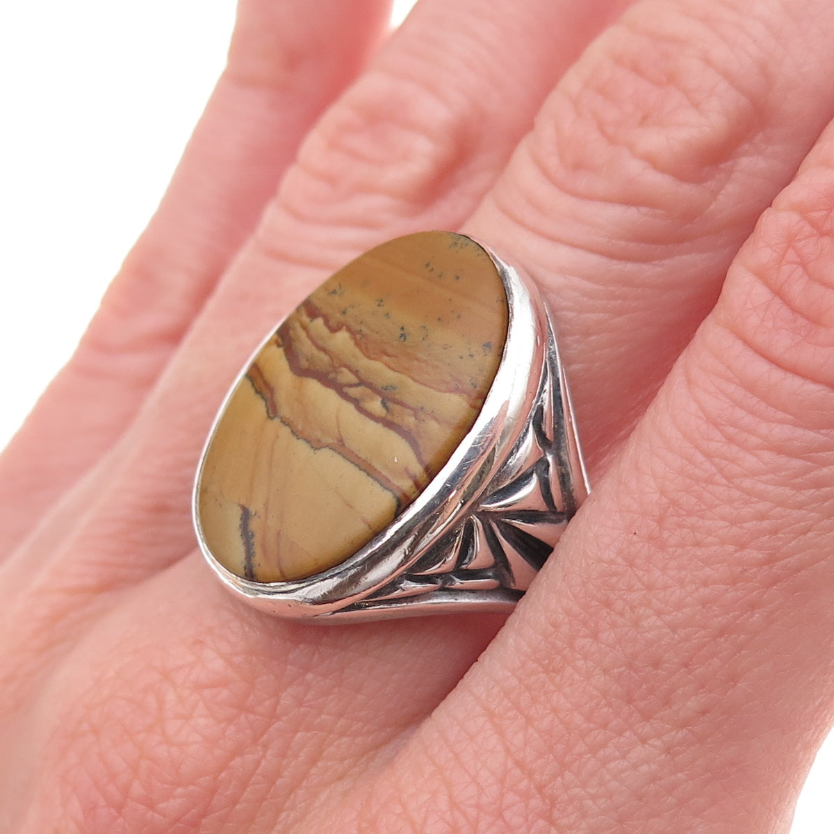 925 Sterling Silver Vintage Real Picture Jasper Oxidized Ring Size 11.5