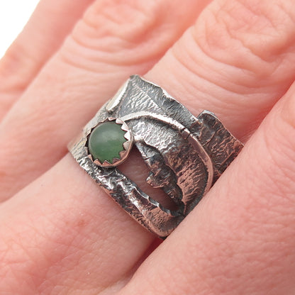 925 Sterling Silver Vintage Real Jade Modernist Oxidized Ring Size 9