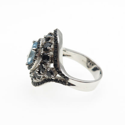 925 Sterling Silver Real Aquamarine & Black Spinel Ring Size 7.25