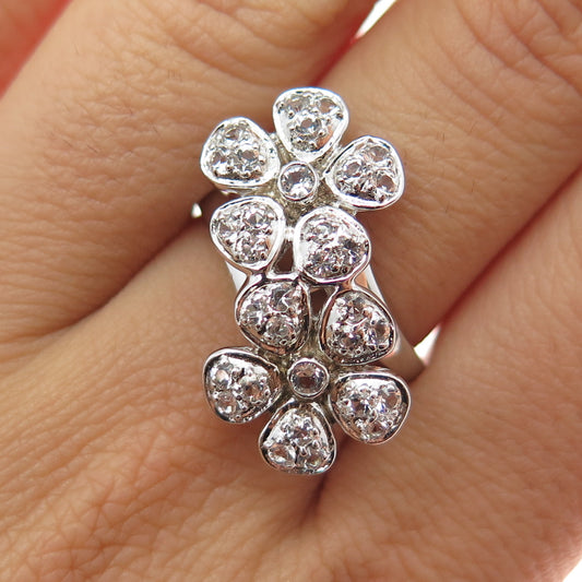 SAI 925 Sterling Silver Round-Cut C Z Flower Bypass Ring Size 7