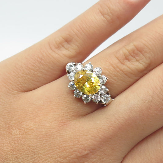 925 Sterling Silver Oval & Round-Cut Canary & White C Z Cluster Ring Size 7.25