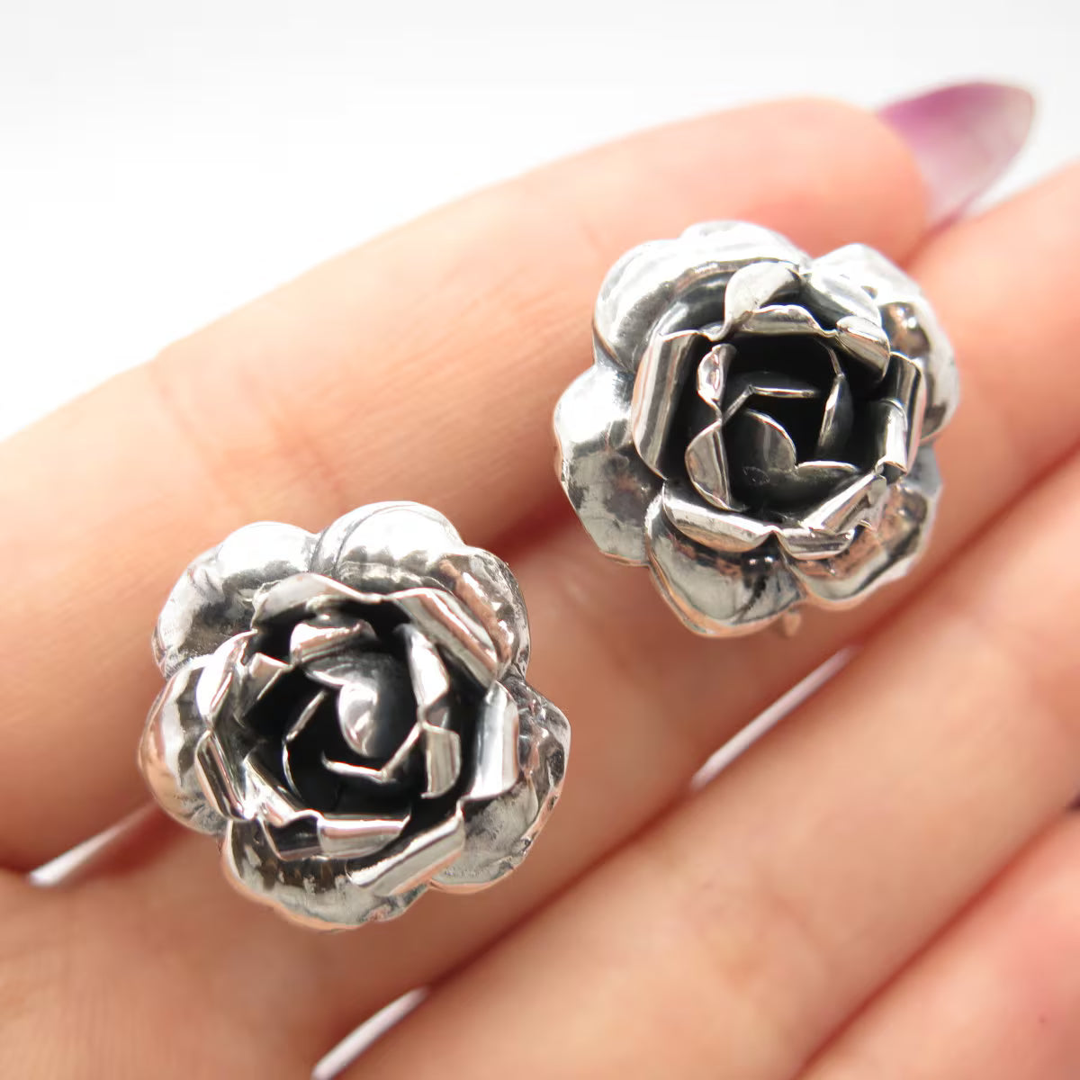 925 Sterling Silver Vintage Rose Floral Screw Back Earrings