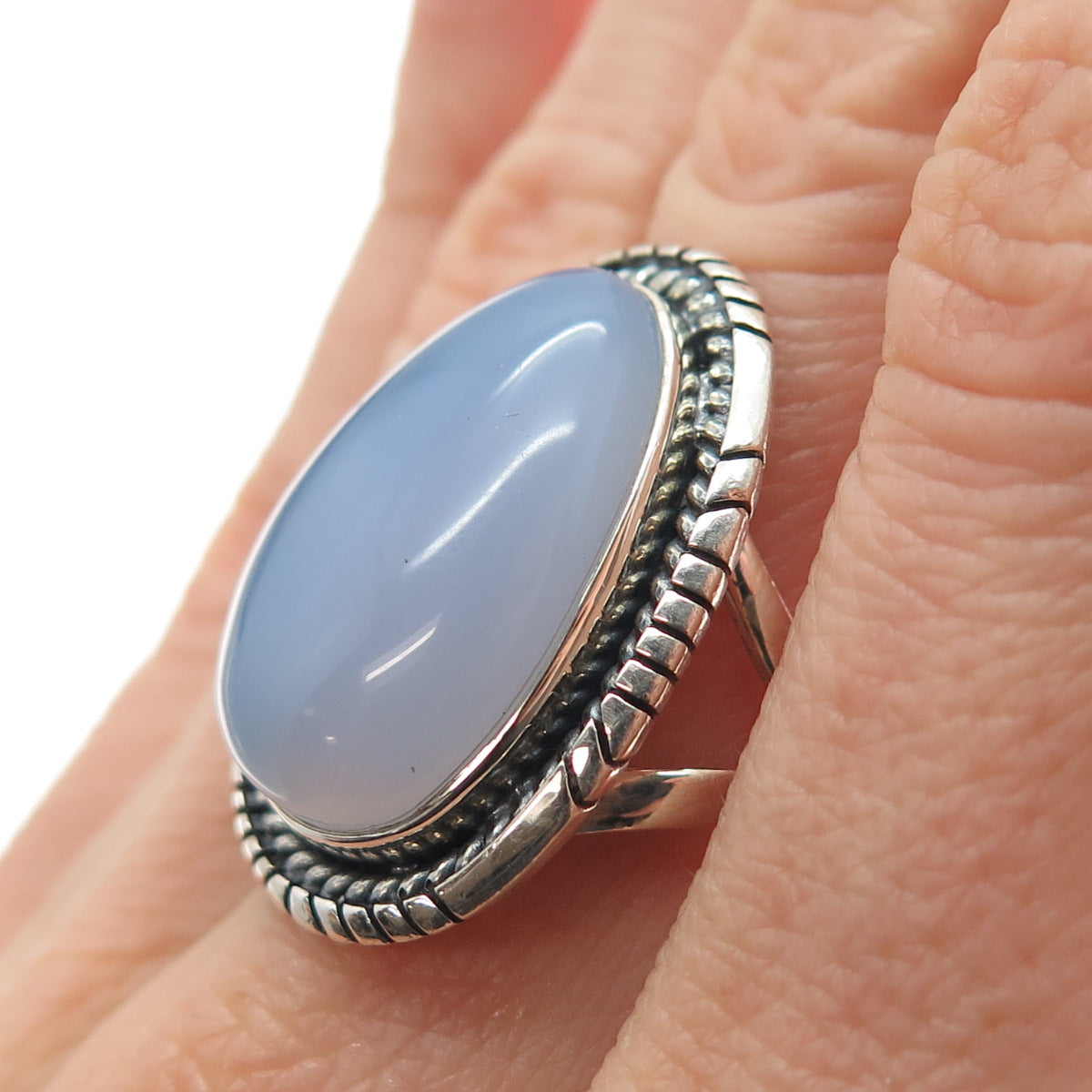 925 Sterling Silver Vintage Southwestern Real Blue Chalcedony Ring Size 7.5